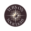 A round logo with a brown background that has a yin yang symbol and a yantra