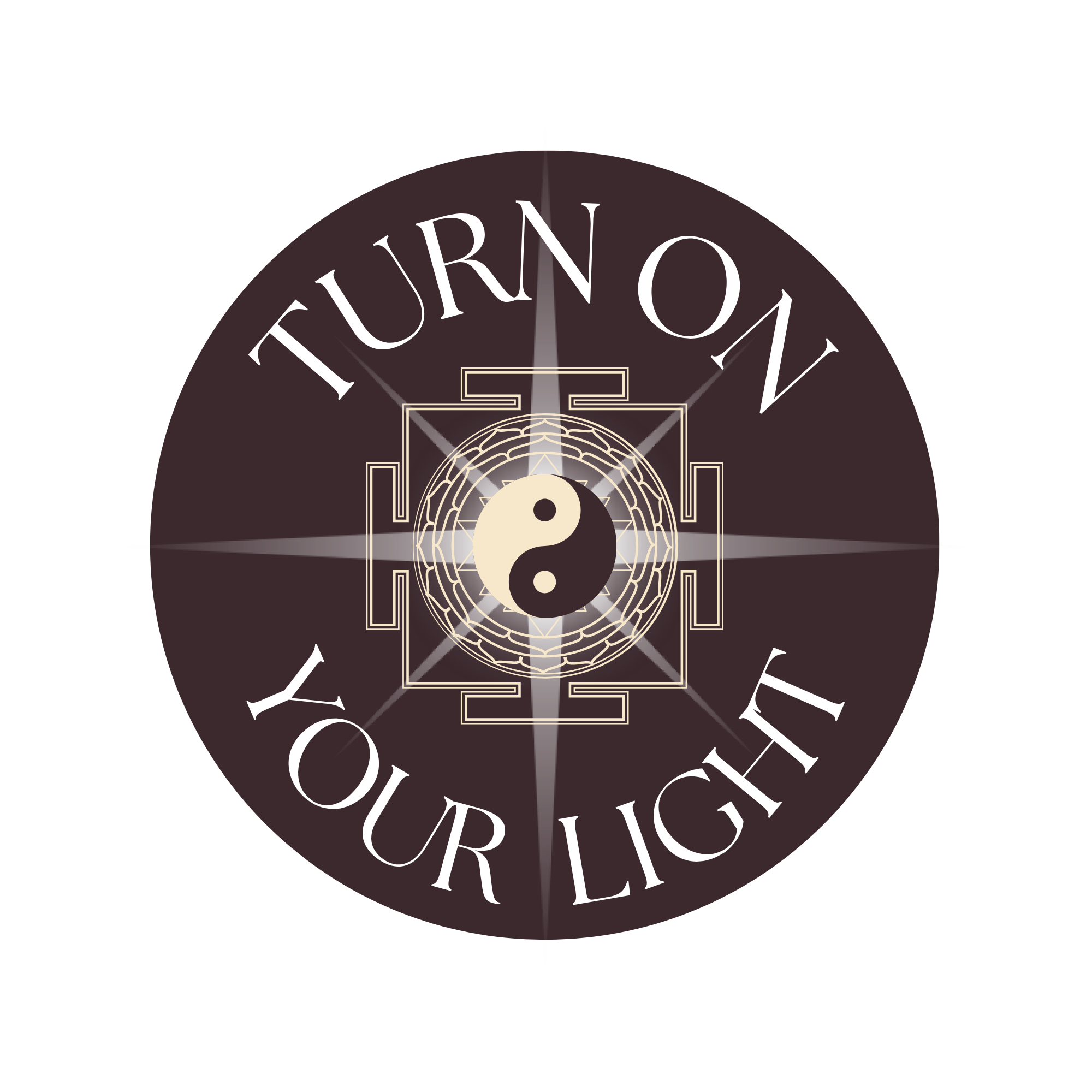 A round logo with a brown background that has a yin yang symbol and a yantra